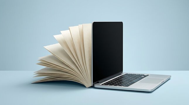 Digital transformation concept showing an open book merging into a laptop computer with dark blank screen for creative use.