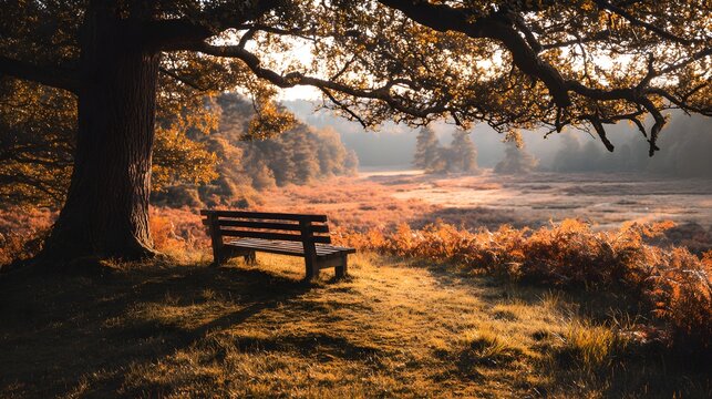Warm toned wooden bench under a large tree in a peaceful natural
