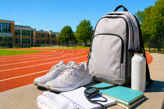 Backpack with athletic shoes, water bottle, notebook and stopwatch on concrete wall at school outdoor stadium. Concept of student athlete preparing for sport training session.