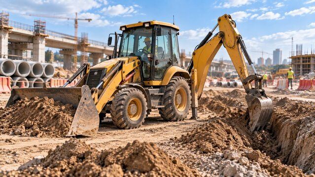 Versatile yellow backhoe loader digs trench at suburban road construction project near concrete pipes on site.