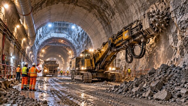 Tunnel boring machine inside dark underground tunnel with workers and dump trucks for massive excavation project.