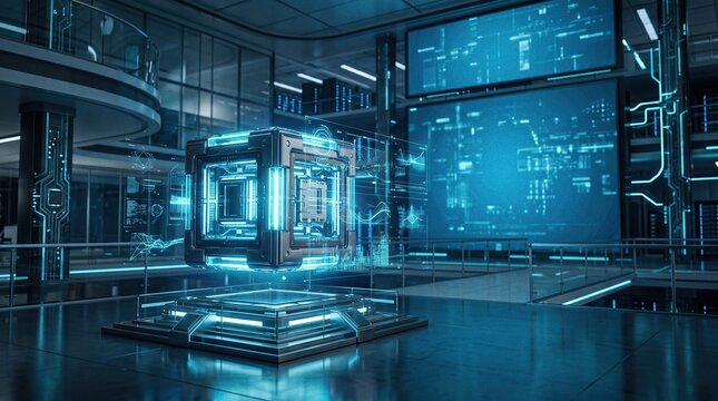 Futuristic data center technician inspecting server rack in high-tech facility with holographic interface overlay