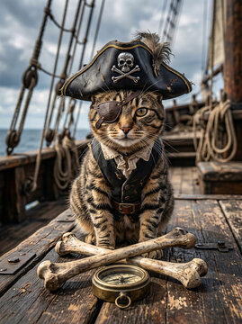 Fierce pirate cat wearing a captain hat and vest sitting on a wooden deck of a sailing ship with crossed bones and compass during an adventure on the high seas with a cloudy ocean 