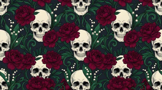 Dark floral seamless pattern with human skulls and red roses illustration