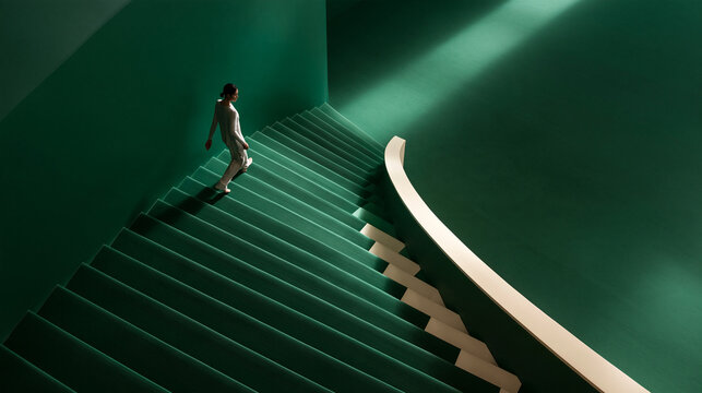 Woman Walking on Modern Green Architectural Staircase