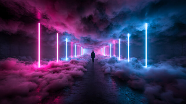 Silhouette of Person Walking Through Futuristic Neon Cloud Corridor