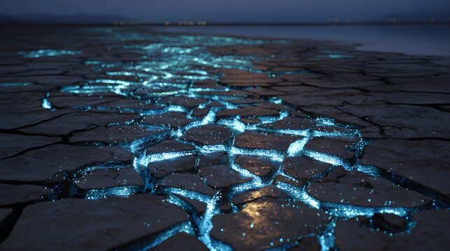 Cracks in mud flat with glowing blue luminous lines