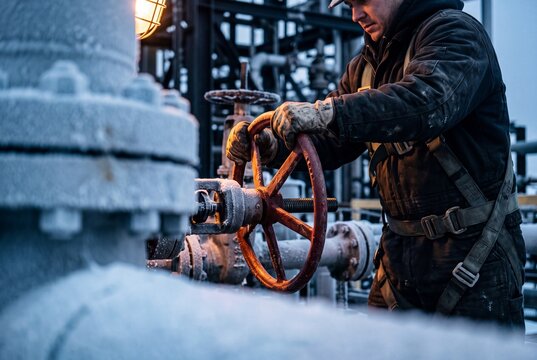 Industrial oil and gas worker turns a pipeline valve during extreme winter freezing weather conditions