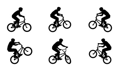 Fototapeta premium Black BMX cyclists silhouettes, dynamic action poses, graphic design