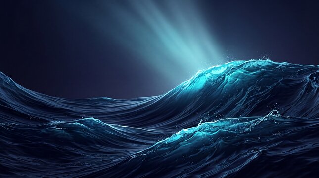 Dramatic Ocean Waves Illuminated by Beam of Light