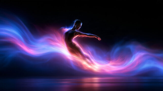 Graceful Female Dancer Moving Amid Glowing Colorful Energy Waves