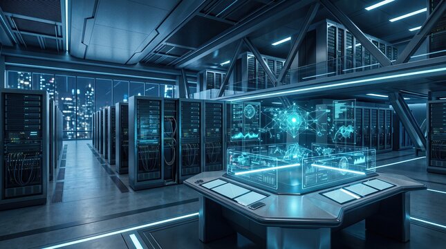 Data center engineer inspecting server racks in high-tech facility with holographic interface overlay