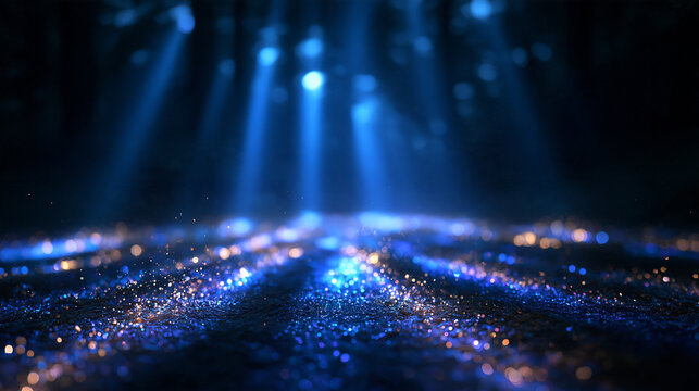 Abstract Blue Glitter Stage with Beams of Light