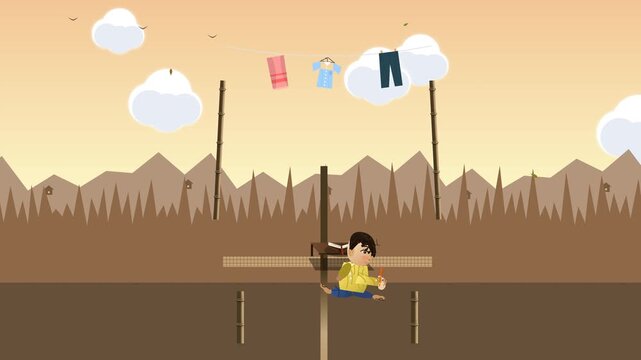 Animated young boy playing volleyball over a makeshift net with clothesline against a beautiful sunset mountain landscape