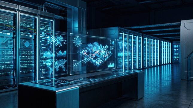 Data center server racks displaying network activity with holographic interface overlay in high-tech facility