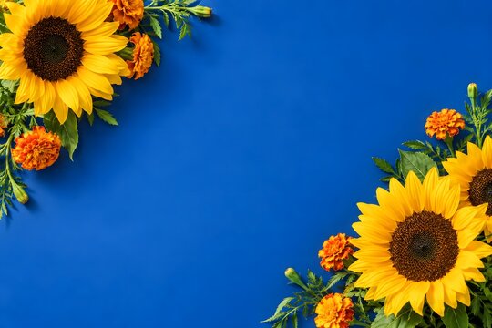 Sunflowers and orange marigolds framing cobalt blue copy space