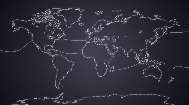 World Map Line Art Outline on Dark Background