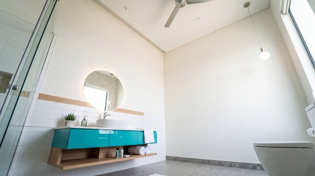 Modern Bathroom Interior with Turquoise Vanity and Round Mirror