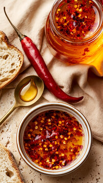 Hot honey with red chili peppers, artisan bread and golden spoon, spicy sweet swicy condiment concept with warm rustic culinary styling.