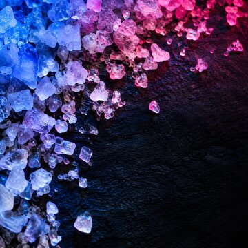 Salt crystals glowing in cobalt and pink light