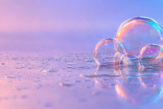 Iridescent soap bubbles on lavender wet surface