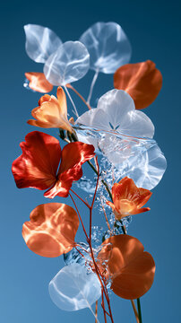 Botanical arrangement of flowers and translucent leaves floats underwater. Vibrant orange and red petals with light reflections create abstract weightless composition.
