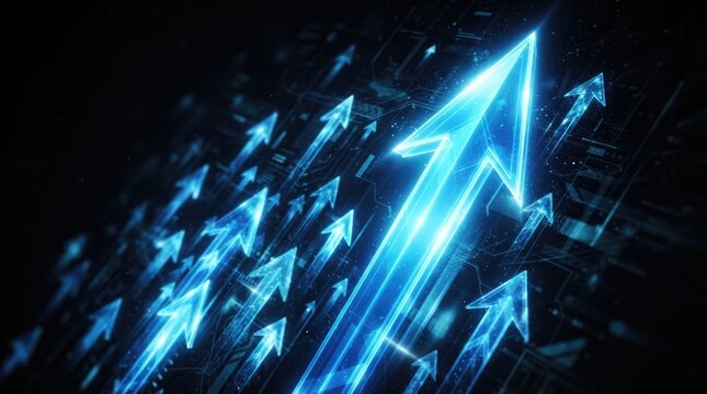 Bright blue digital arrows rising upwards against dark background
