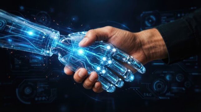 Digital handshake connecting people with technology and futuristic networks