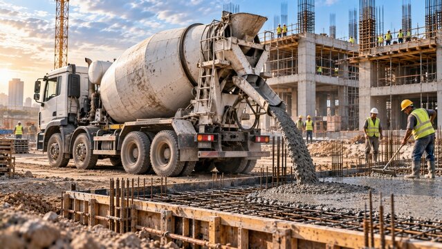 White cement mixer truck pouring fresh concrete into foundation rebar frame at urban building construction site.