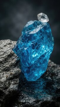 Beautiful blue crystal pendant resting on dark textured stone surface