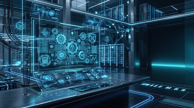 Cybersecurity professional analyzing holographic data network in futuristic server room with neon lighting