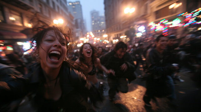 Excited Young People Running Through City Street at Night