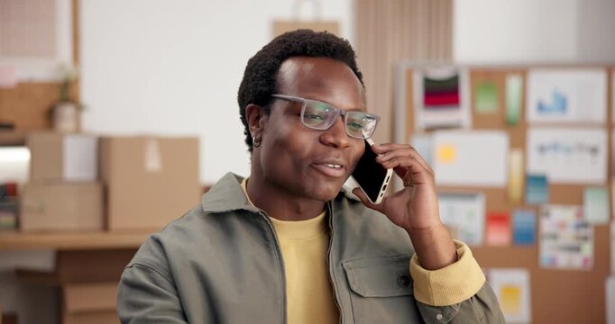 Smile, black man and phone call at startup for ecommerce, order and customer inquiry for delivery. Happy, male person or entrepreneur in office with mobile, contact supplier and shipping availability