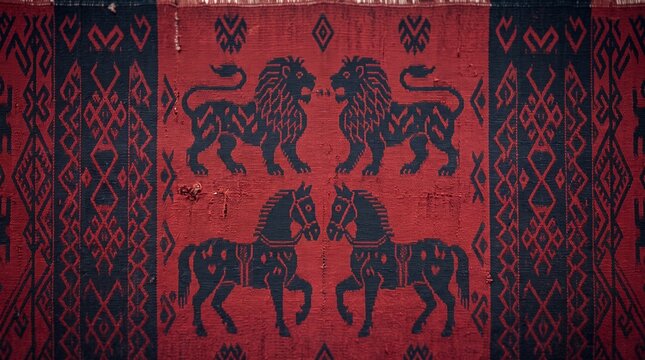 Traditional Woven Carpet with Lion and Horse Motifs