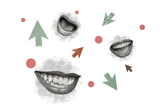 Composite trend artwork sketch image photo collage of mouth lips gossip talk speech fragment face anonymous arrow point direction way show