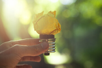 hand holding crumpled paper light bulb on blurred nature background. © Artvibe