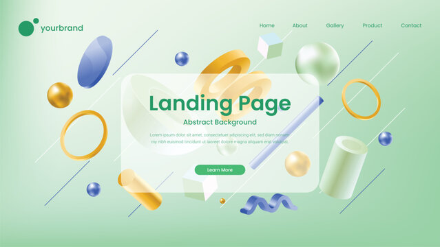 Modern 3D geometric landing page template with abstract shapes, pastel gradients, and floating elements for web design and digital marketing concepts