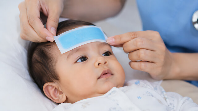 Nurse applying cooling gel patch to infant forehead during gentle medical care
