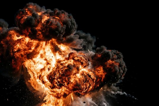 Massive Fire Explosion with Thick Black Smoke and Glowing Fireball.