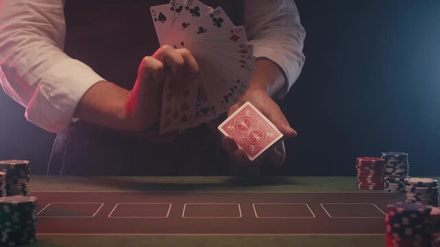 Magic trick, Professional croupier shuffling and dealing playing cards at a casino table, poker and blackjack game, magician performing a card trick shuffling cards deck