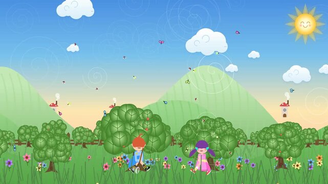 2D animation of a little boy playing guitar and a girl sitting in a magical green meadow with colorful flowers flying butterflies rolling hills and a smiling sun