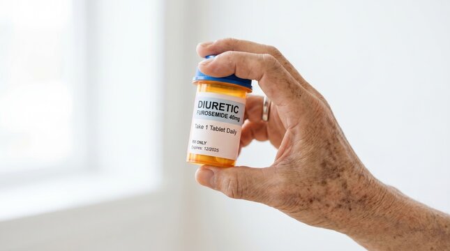 Close up of an elderly hand holding a prescription bottle of diuretic furosemide. Senior medical care and hypertension treatment