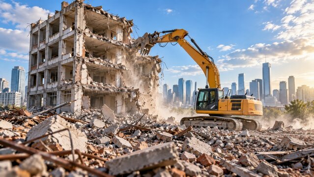 Yellow crawler excavator demolishing old concrete building in city construction site with modern skyscrapers.