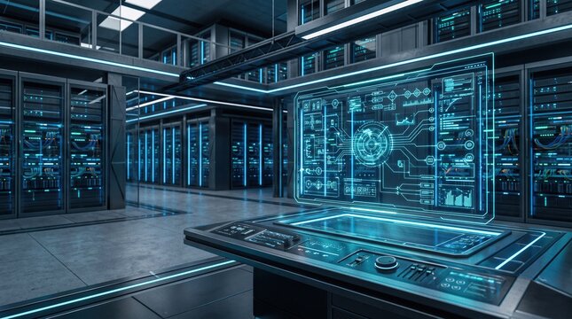 Data center engineer monitoring server racks in high-tech facility with holographic interface overlay