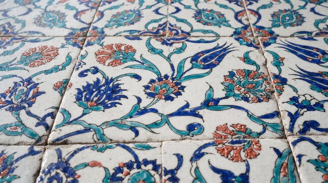 Low perspective angle view of Ottoman style Iznik ceramic tile surface featuring tulip and carnation motifs