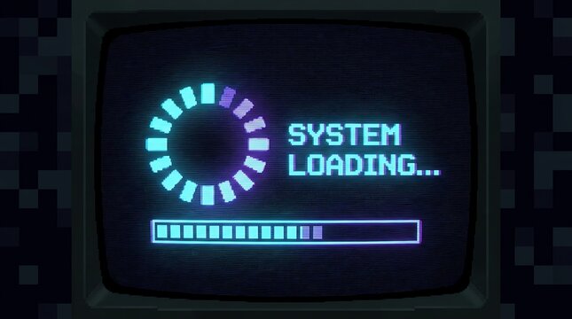 System Loading Screen: A retro computer monitor displays a futuristic loading bar and progress ring with the words SYSTEM LOADING..., set against a pixelated background.