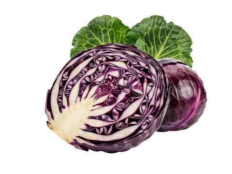 Fresh red cabbage cut in half with green leaves isolated transparent background