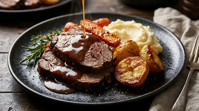 Delicious roast beef dinner with mashed potatoes, roasted carrots, and crispy potatoes, served with rich gravy for a comforting meal.