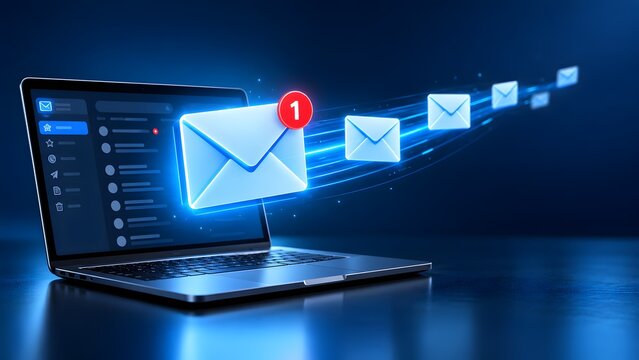 Glowing digital envelopes flying from a laptop screen with red notification badge representing automated email marketing campaigns direct messaging and fast electronic communication