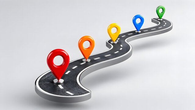 Winding asphalt road displaying sequential colorful location pins representing business strategy milestones project timeline development and geographic logistics navigation
